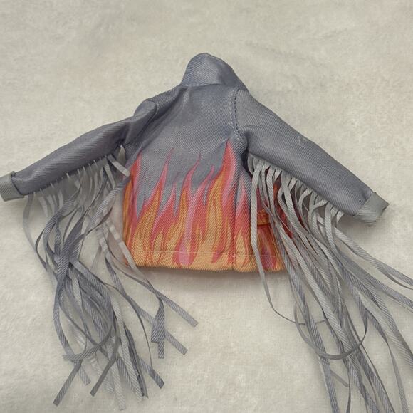 Barbie Extra #5 Doll Outfit Coat Accessory Denim Jean Jacket Fringe Sleeve Flame - Picture 5 of 7